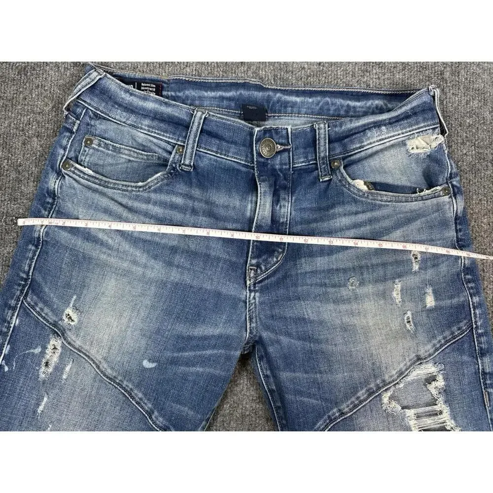 Mens TRUE RELIGION Geno Relaxed BIKER Slim MOTO 30‎ x 31.5 Blue DISTRESSED Jeans
